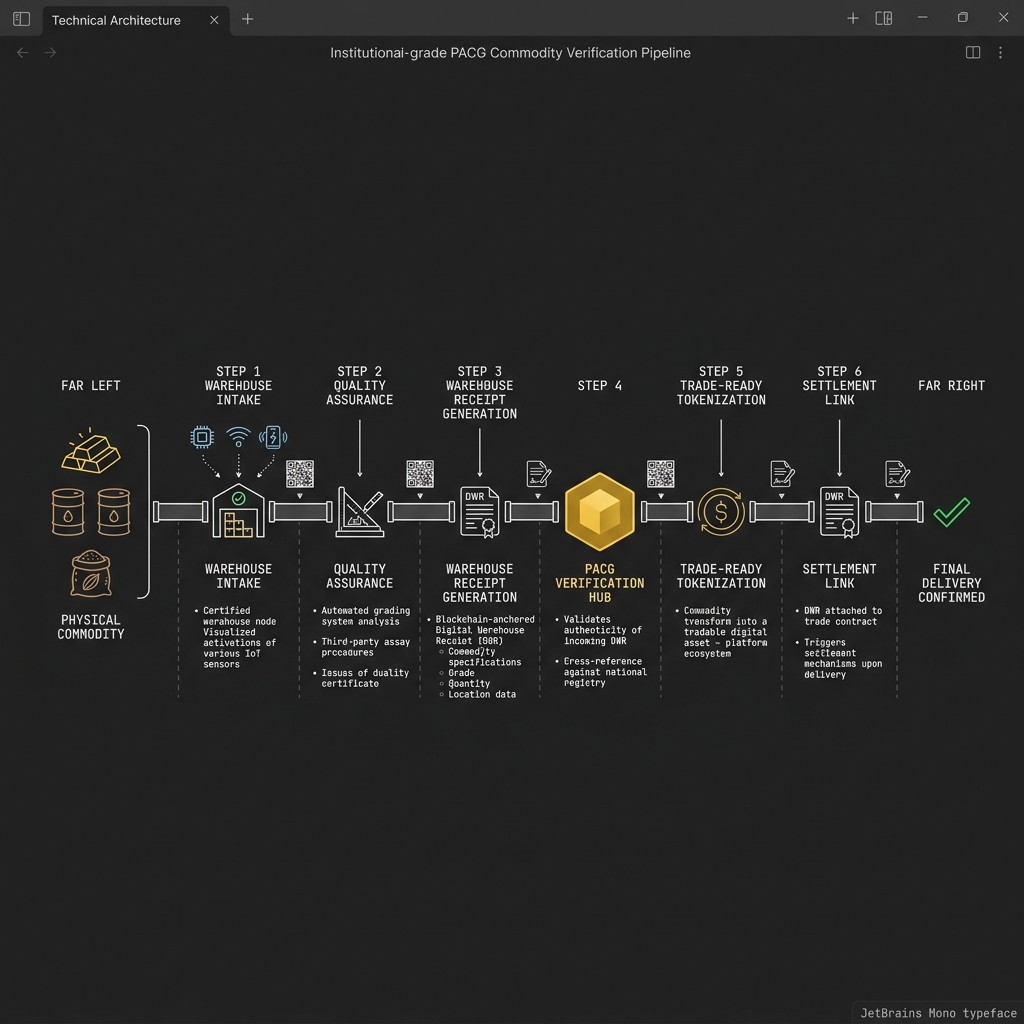 PACG commodity verification pipeline — six-step physical to digital transformation