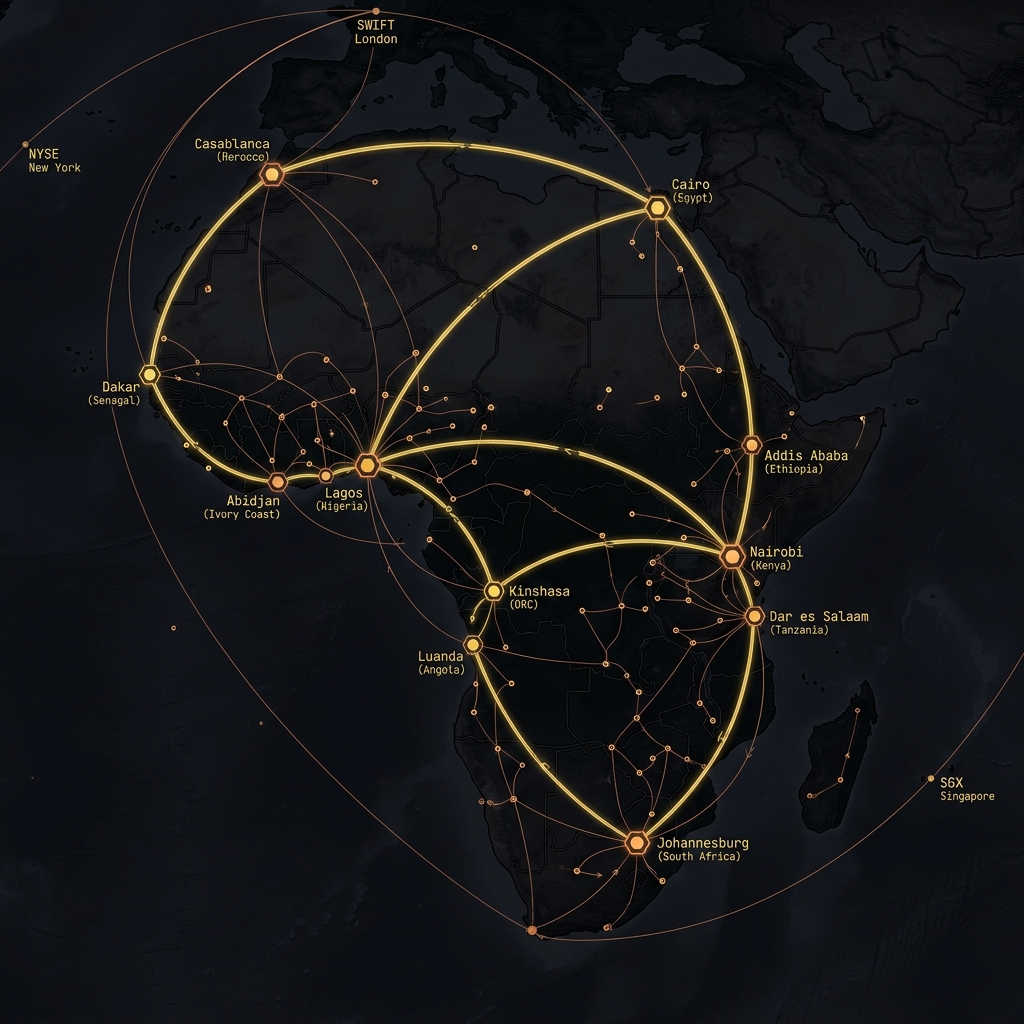PACG continental node network — 12 sovereign gateway nodes across Africa with global connections