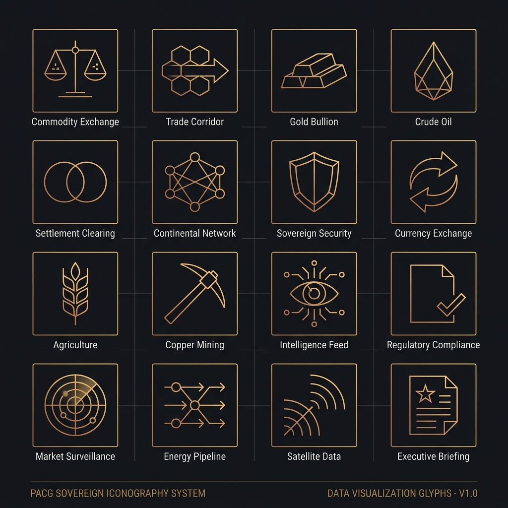 PACG sovereign iconography system — 16 institutional-grade line icons in gold on obsidian