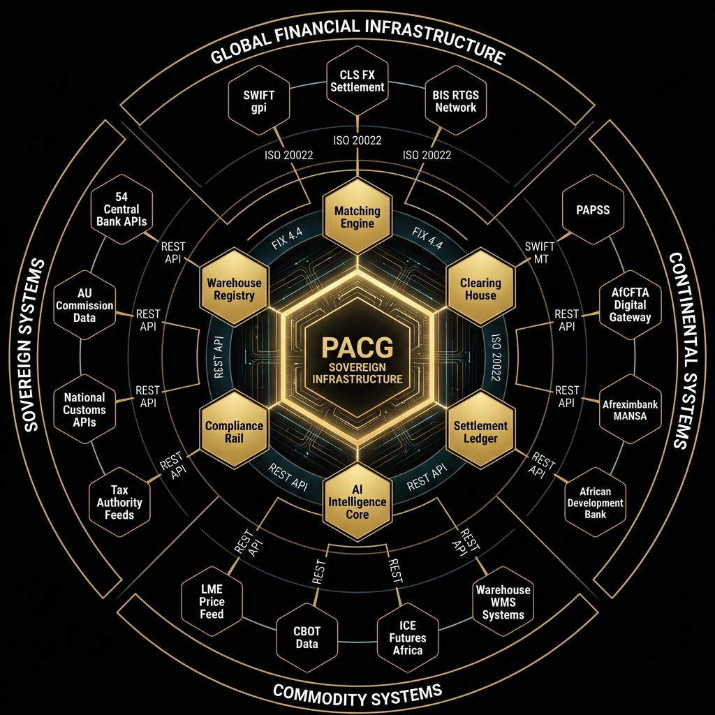 PACG interoperability framework — radial systems integration map showing all external connections