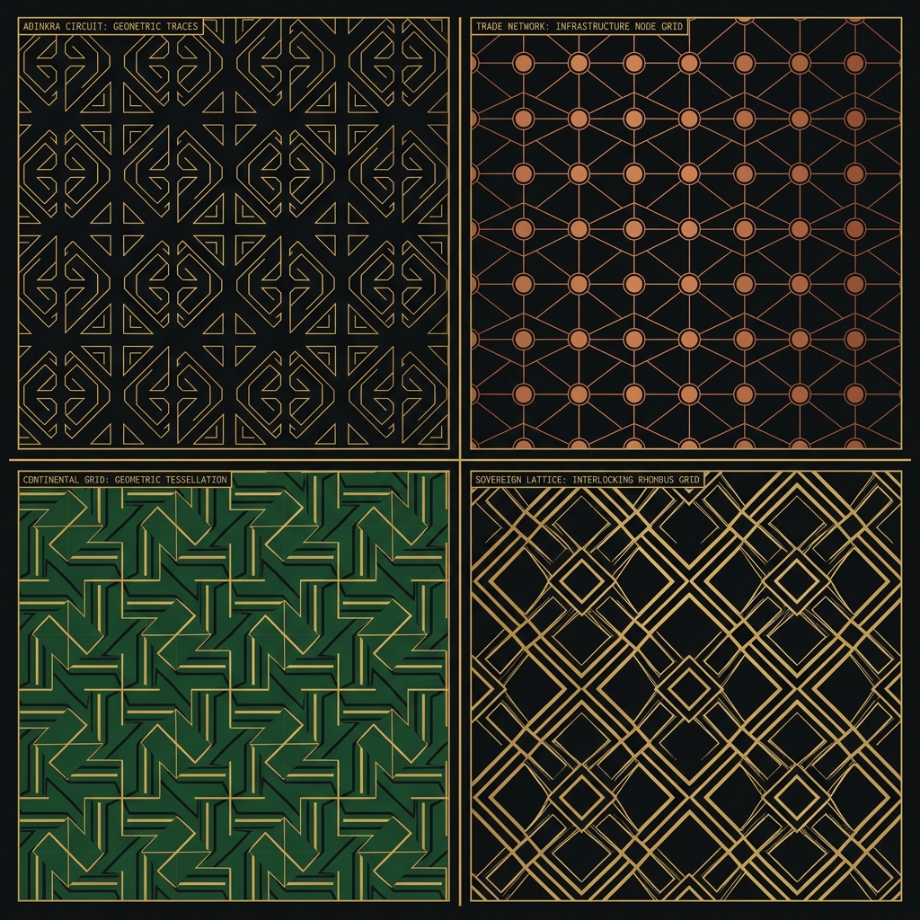 PACG geometric pattern system — four African-futurist institutional surface textures