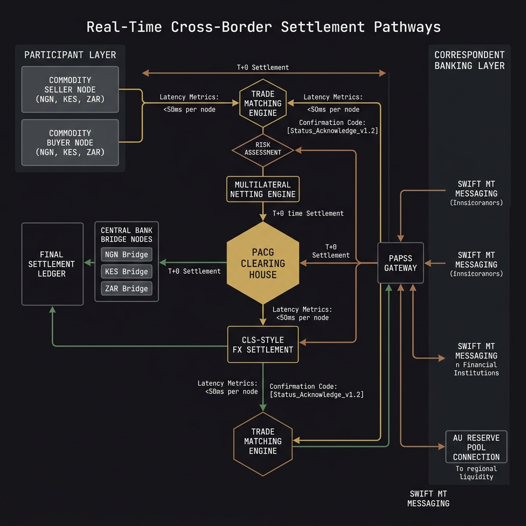 PACG cross-border settlement architecture — real-time settlement pathway diagram